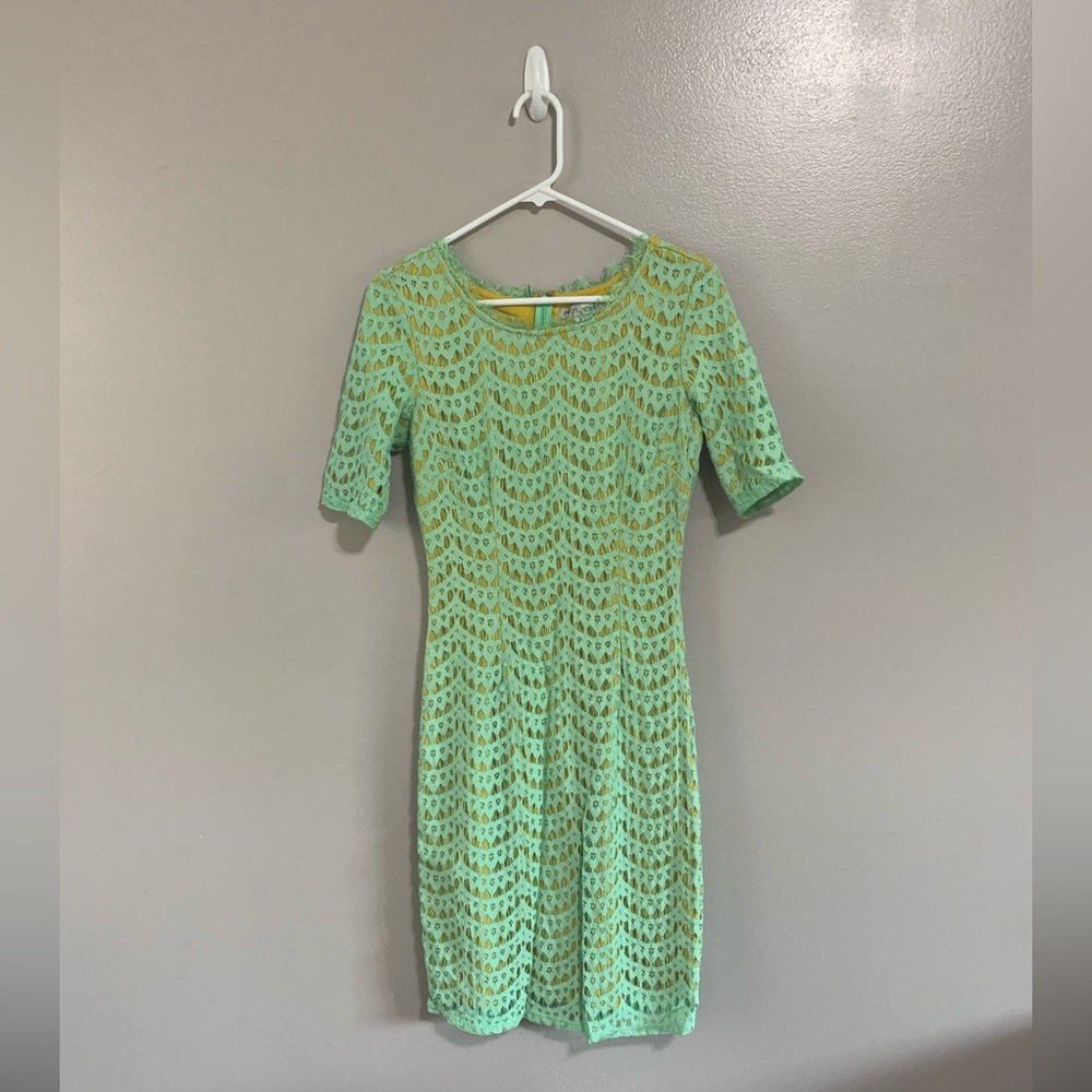 Mint and mustard color lace short sleeve dress